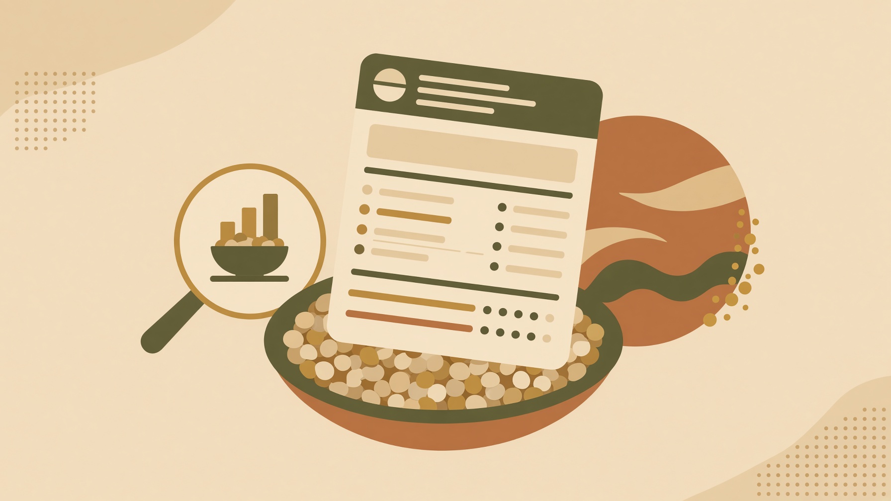 Nutrition label above a bowl of grains, beside a magnifying glass.
