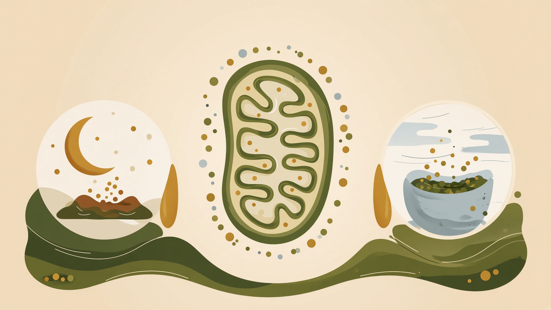 Mitochondrion between a moonlit plate of food and a steaming bowl.