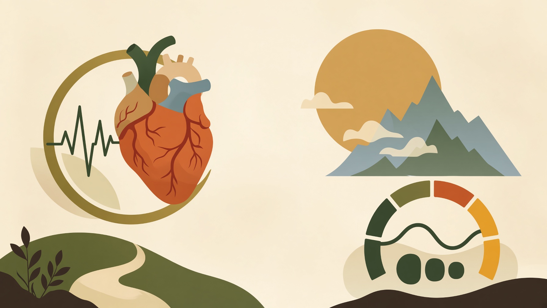 Heart and heartbeat trace beside mountains and a segmented intensity gauge.