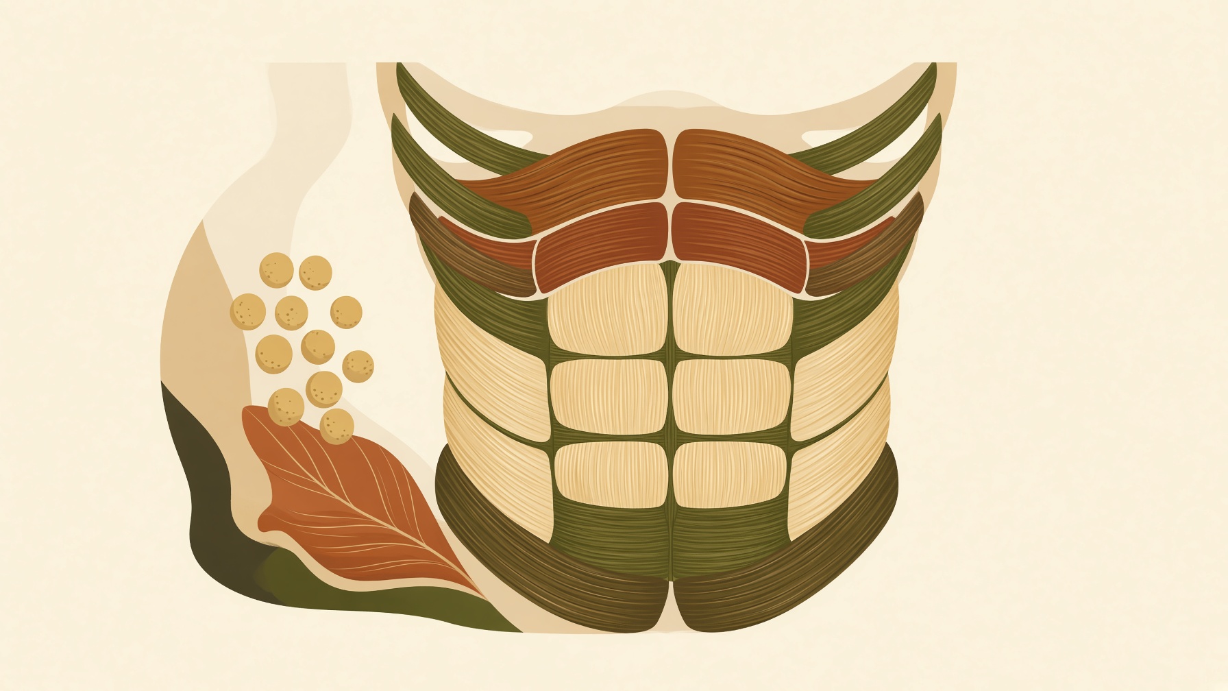Abdominal muscle layers beneath the ribs, with fat cells beside them.