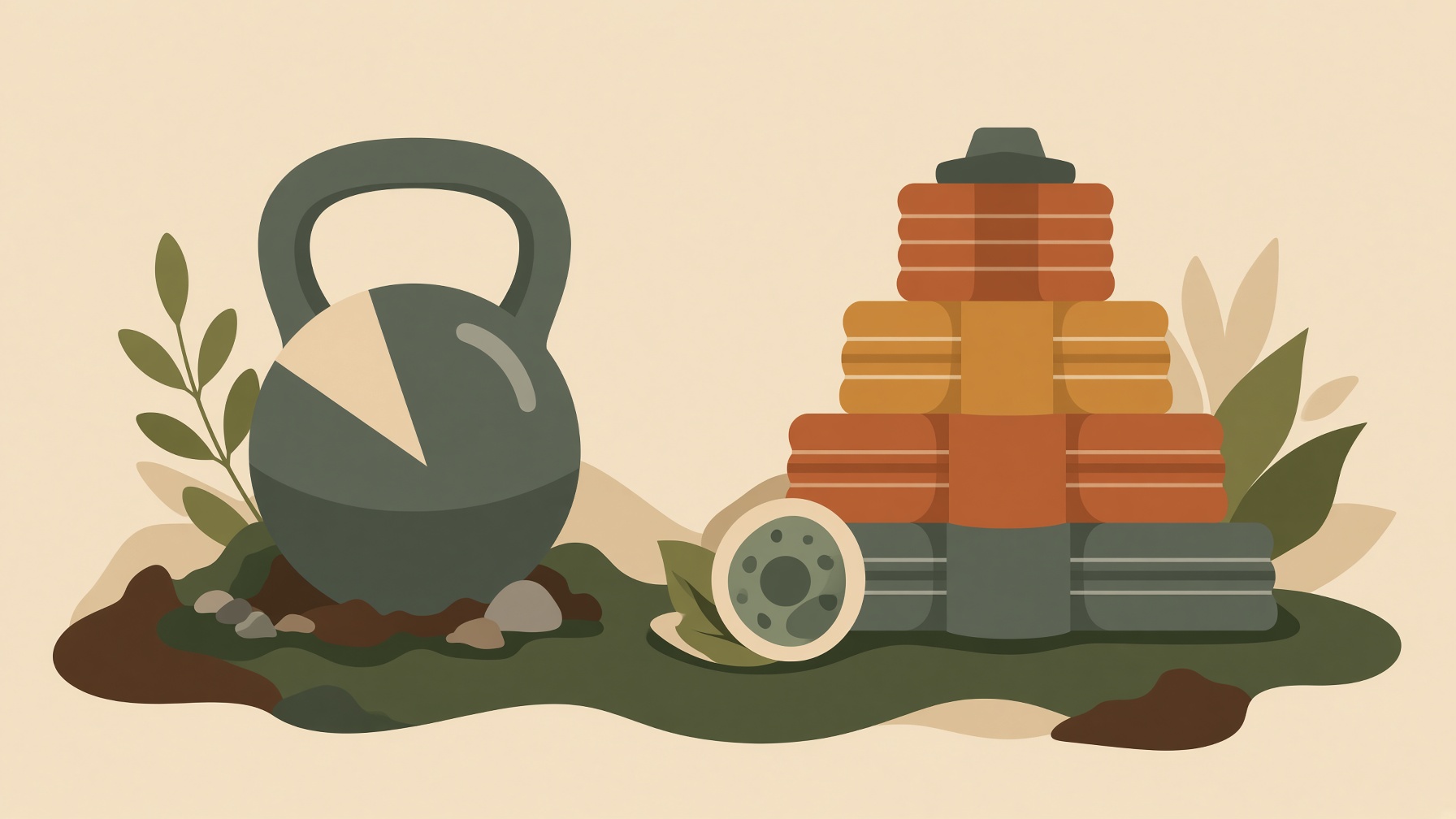 Kettlebell and timer beside a pyramid of stacked weight plates.