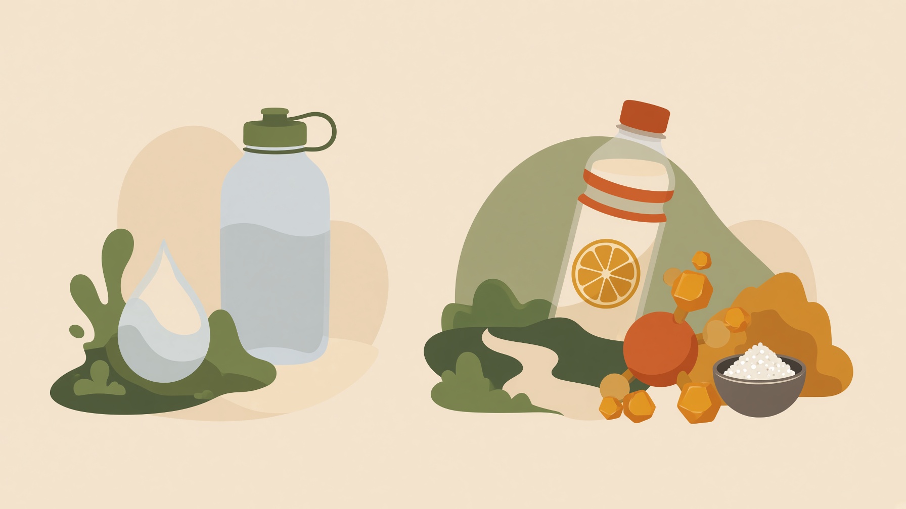Water bottle and sports-drink bottle beside fruit and a bowl of white granules.