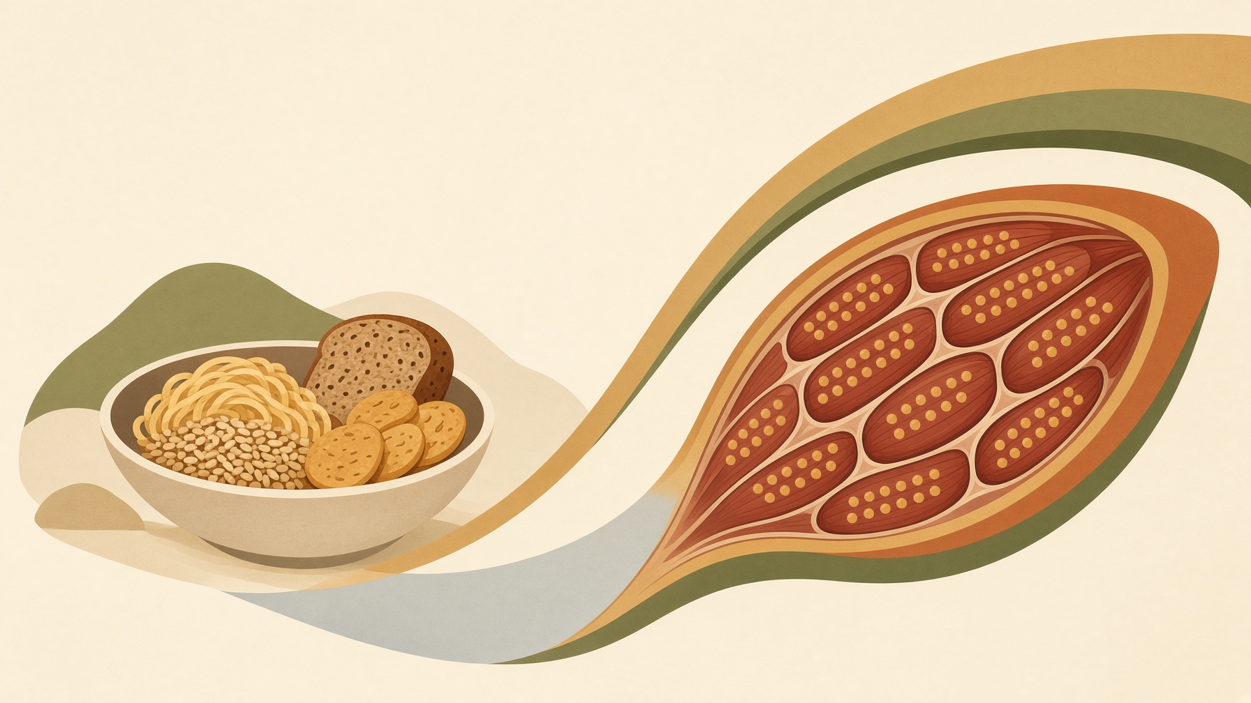 Bowl of pasta and bread beside a muscle cross-section filled with small particles.