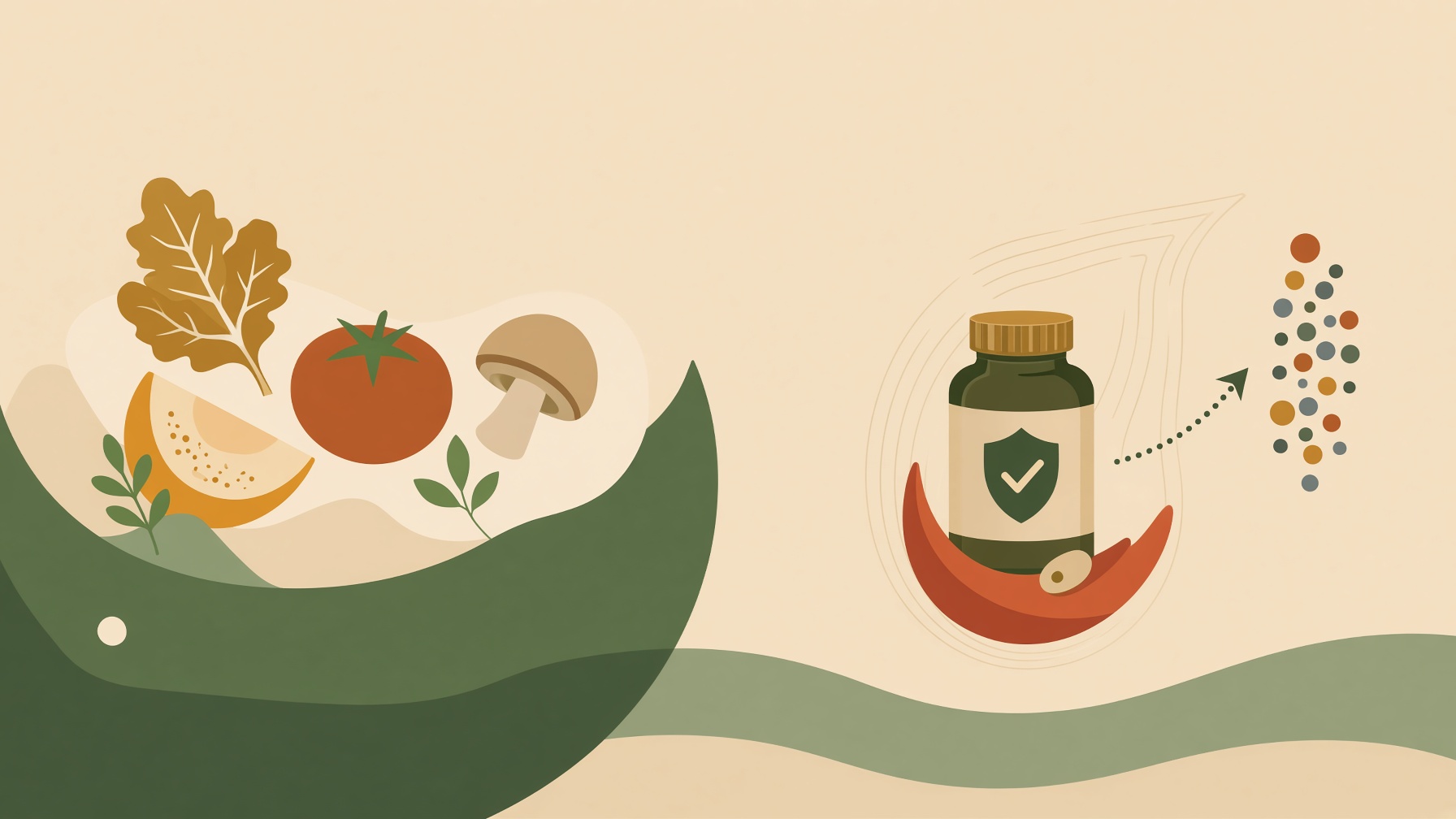 Vegetables and grains beside a supplement bottle with a shield symbol.