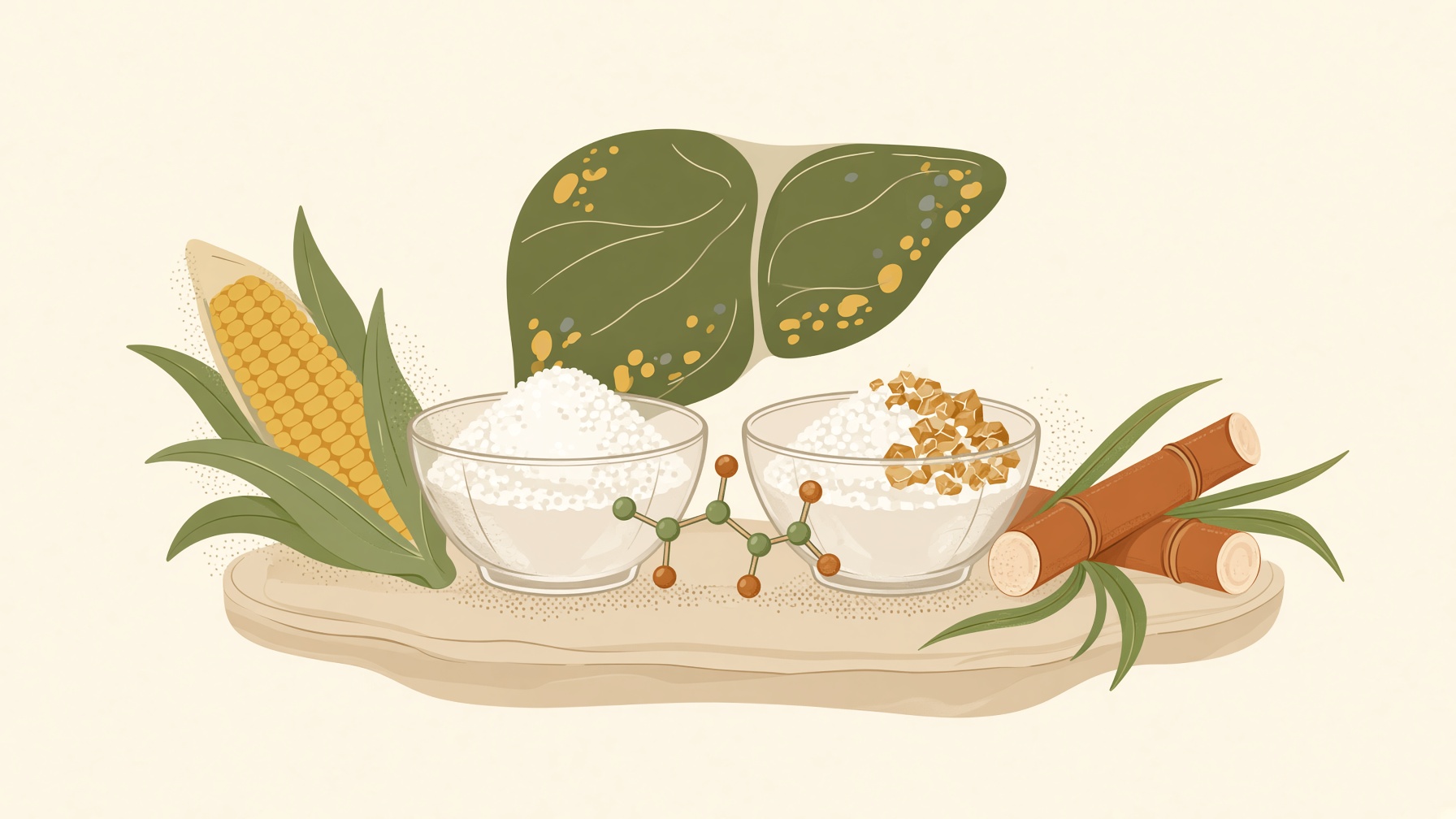 Bowls of sugars, corn, and fruit beneath an illustrated liver.
