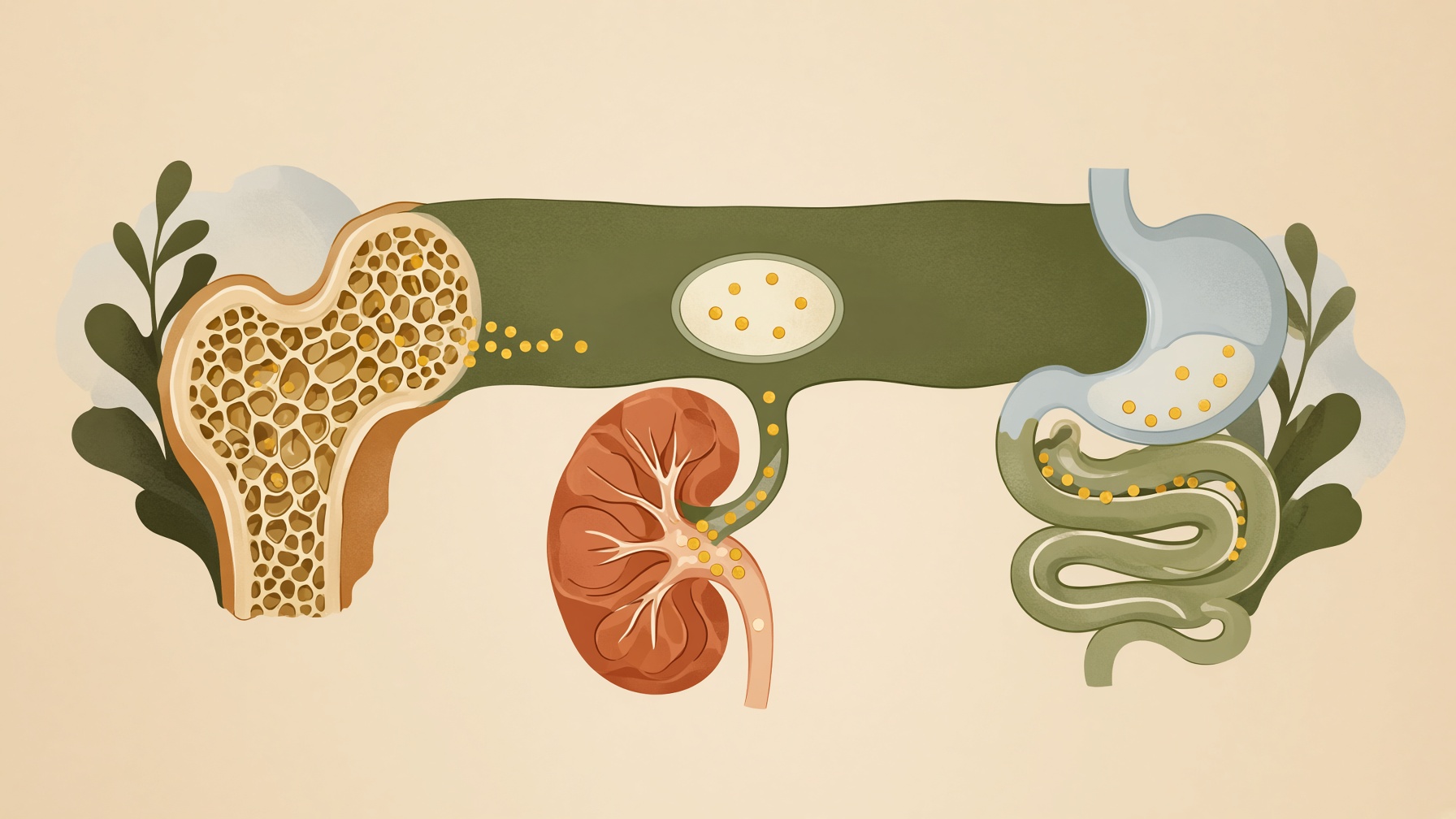 Bone, kidney, and digestive tract connected by flowing bands and mineral particles.