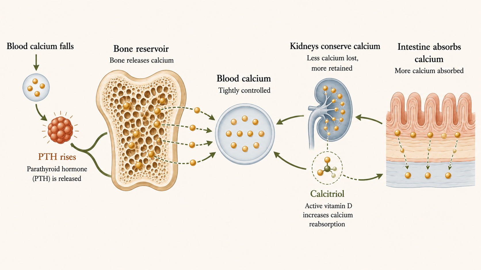 Diagram linking blood calcium regulation to parathyroid hormone, bone, kidneys, and intestinal absorption.