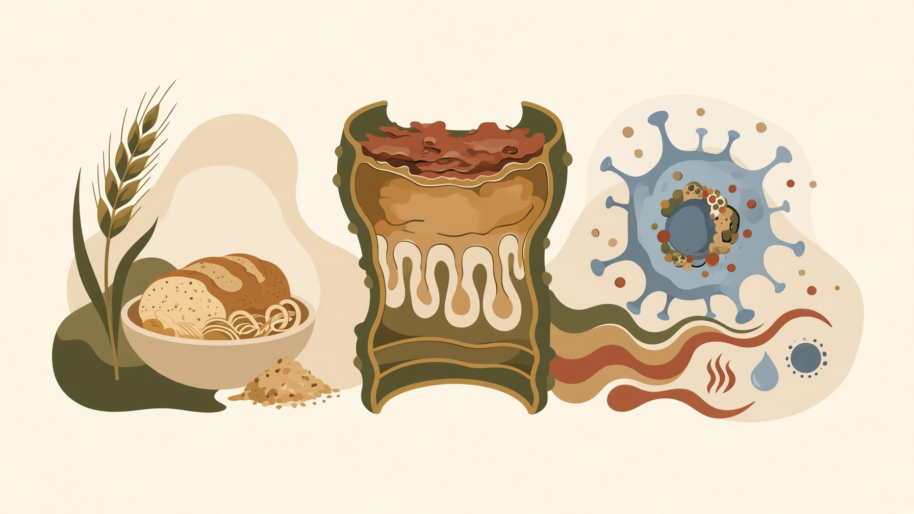 Bread and wheat beside an intestinal cross-section and immune-cell illustration.