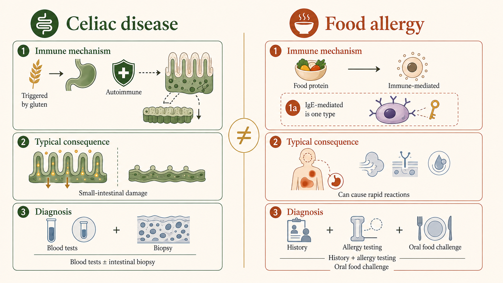 Side-by-side comparison of celiac disease and food allergy, with panels for immune mechanisms, consequences, and diagnosis.