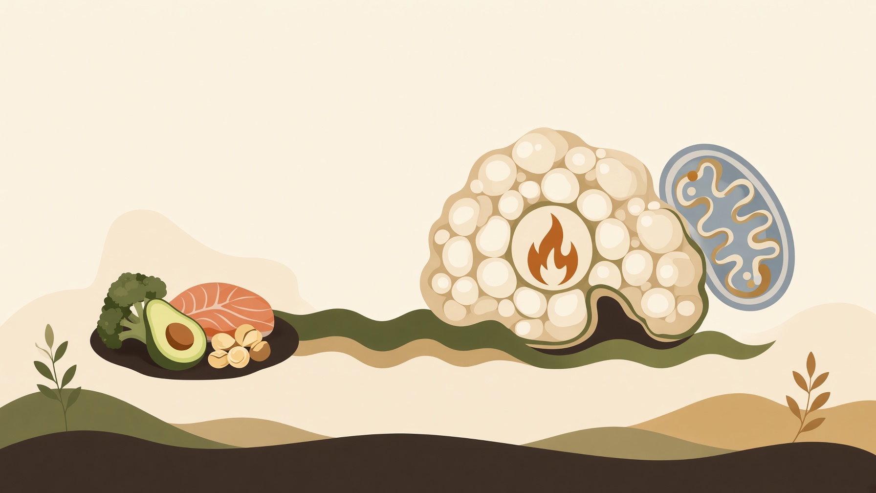 Food connected to fat cells, a flame symbol, and a mitochondrion.
