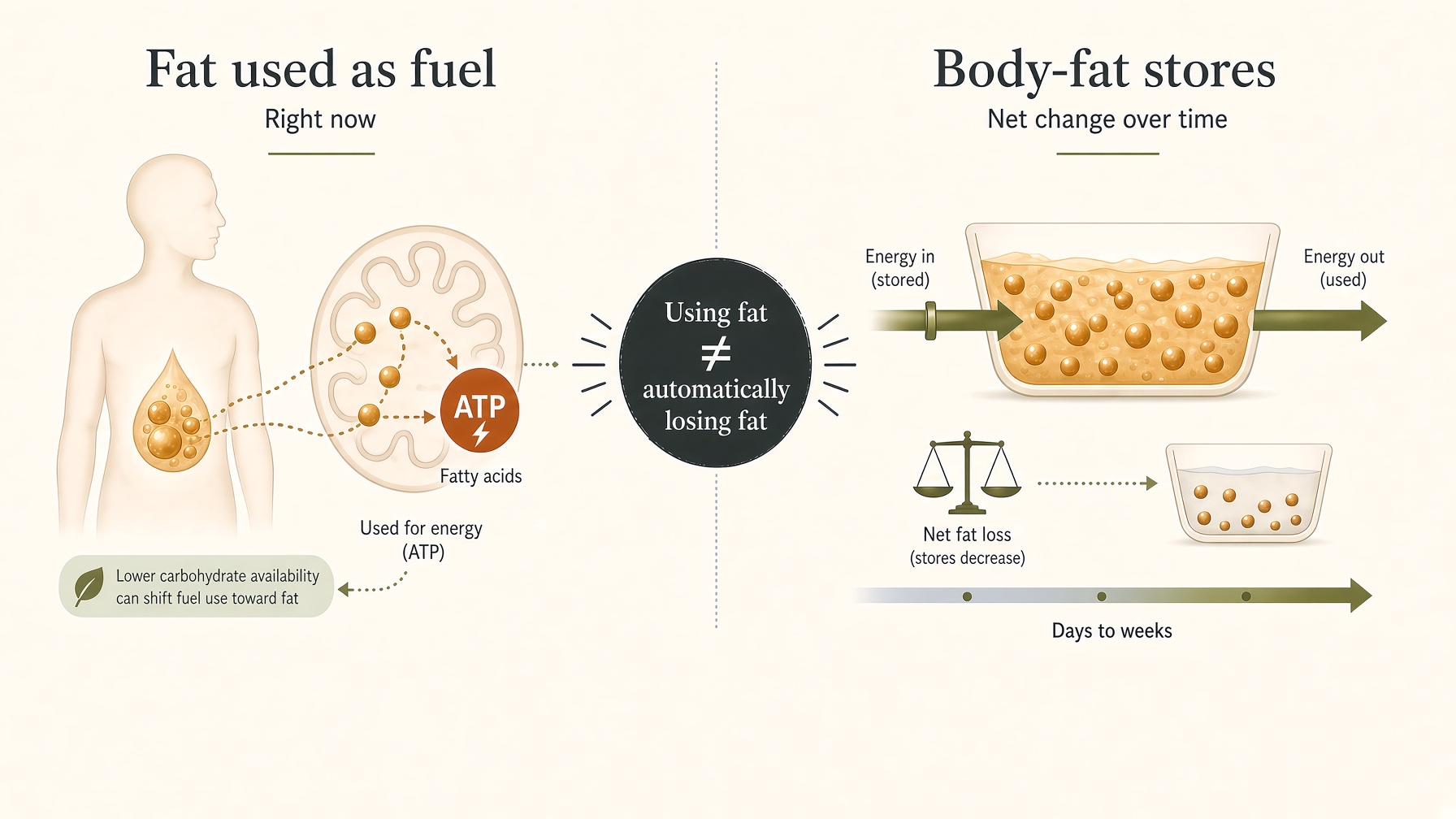Comparison of fat being used for immediate fuel with changes in stored body fat over time.