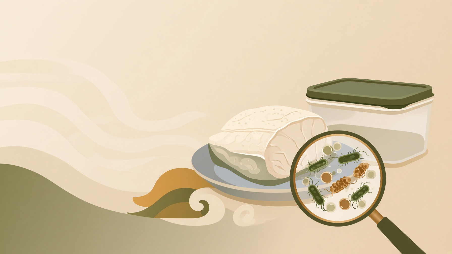Food and a storage container beside a magnifying glass revealing microbes.