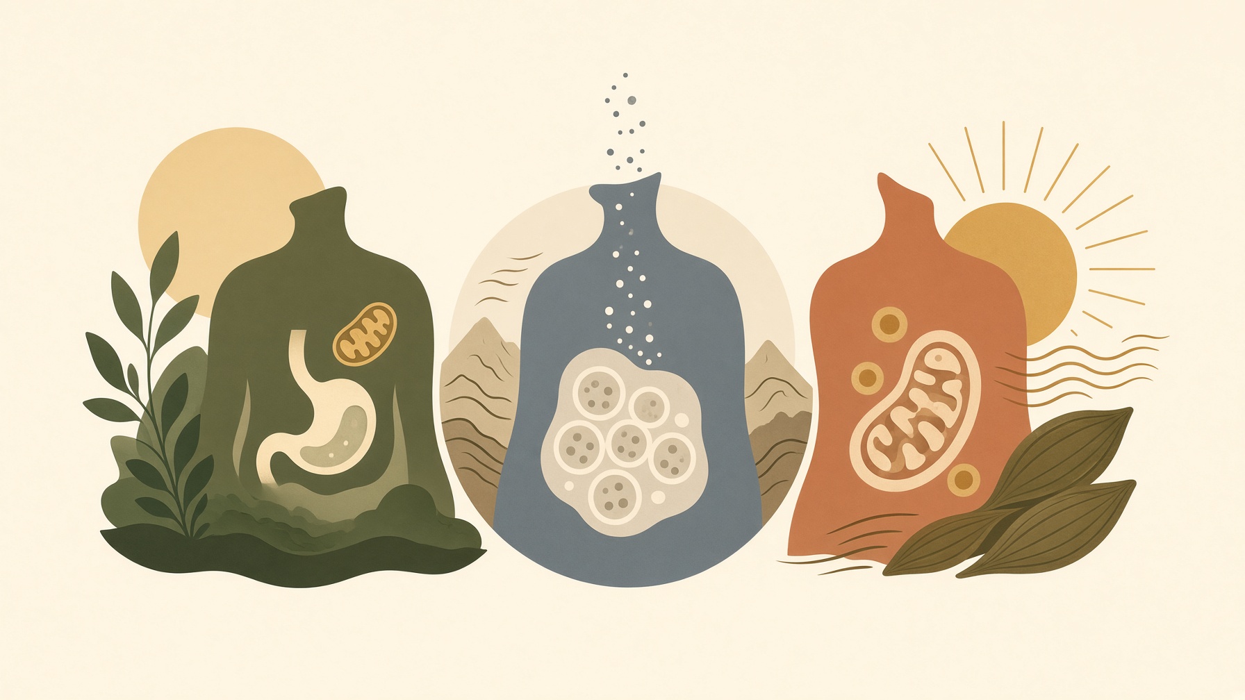 Three body silhouettes containing different digestive, cellular, and mitochondrial illustrations.