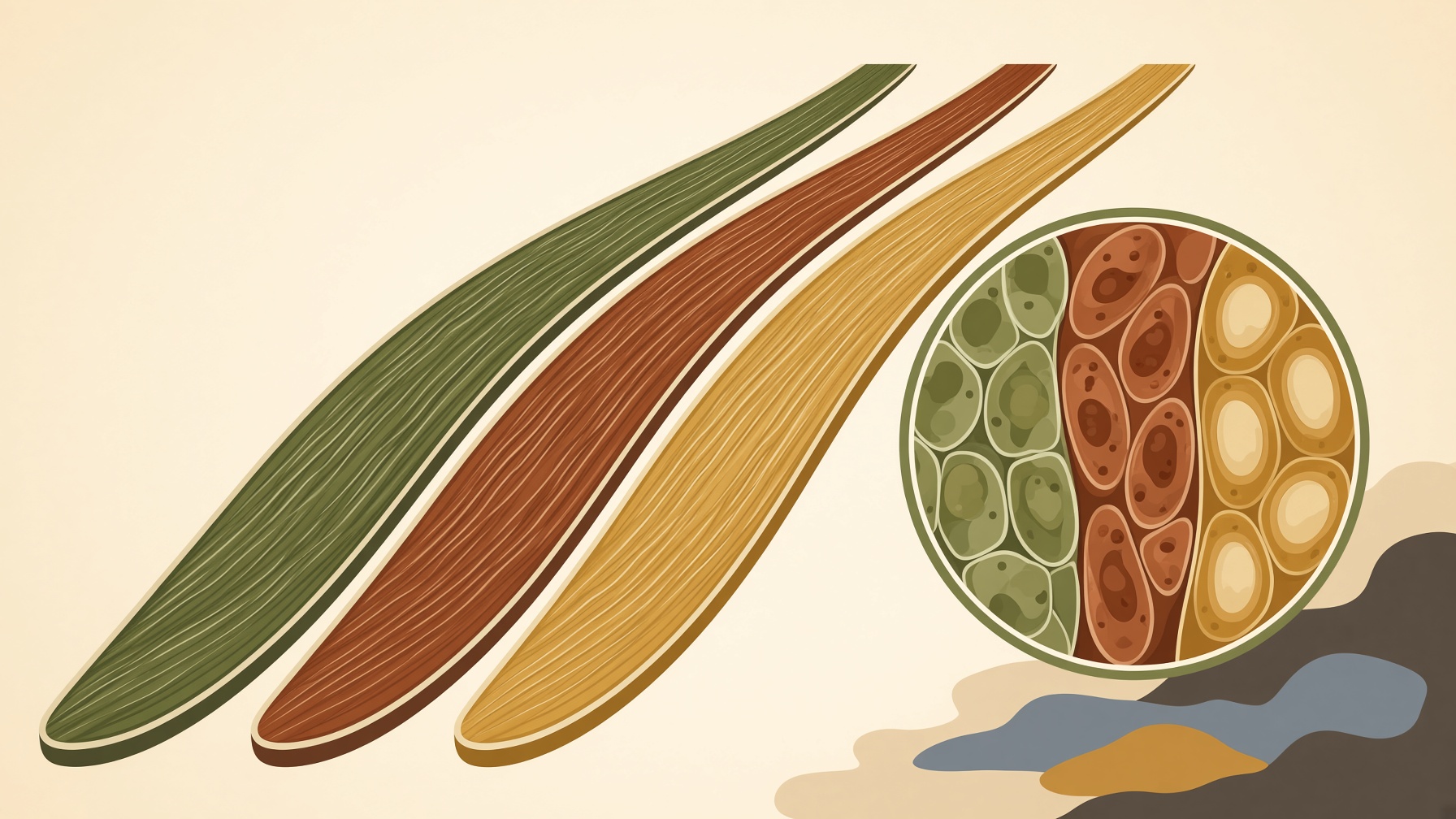 Three differently colored muscle fibers beside a circular tissue cross-section.
