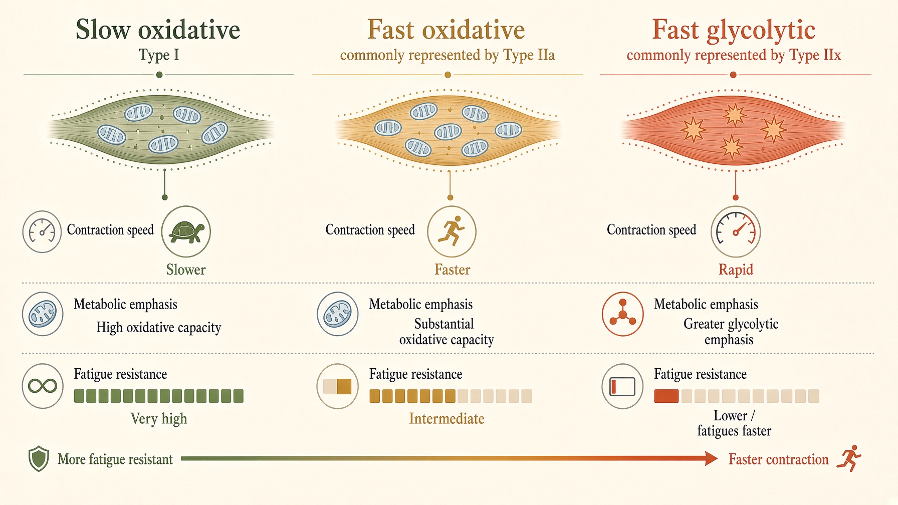 Comparison of slow oxidative, fast oxidative, and fast glycolytic muscle fibers, including speed, metabolism, and fatigue resistance.