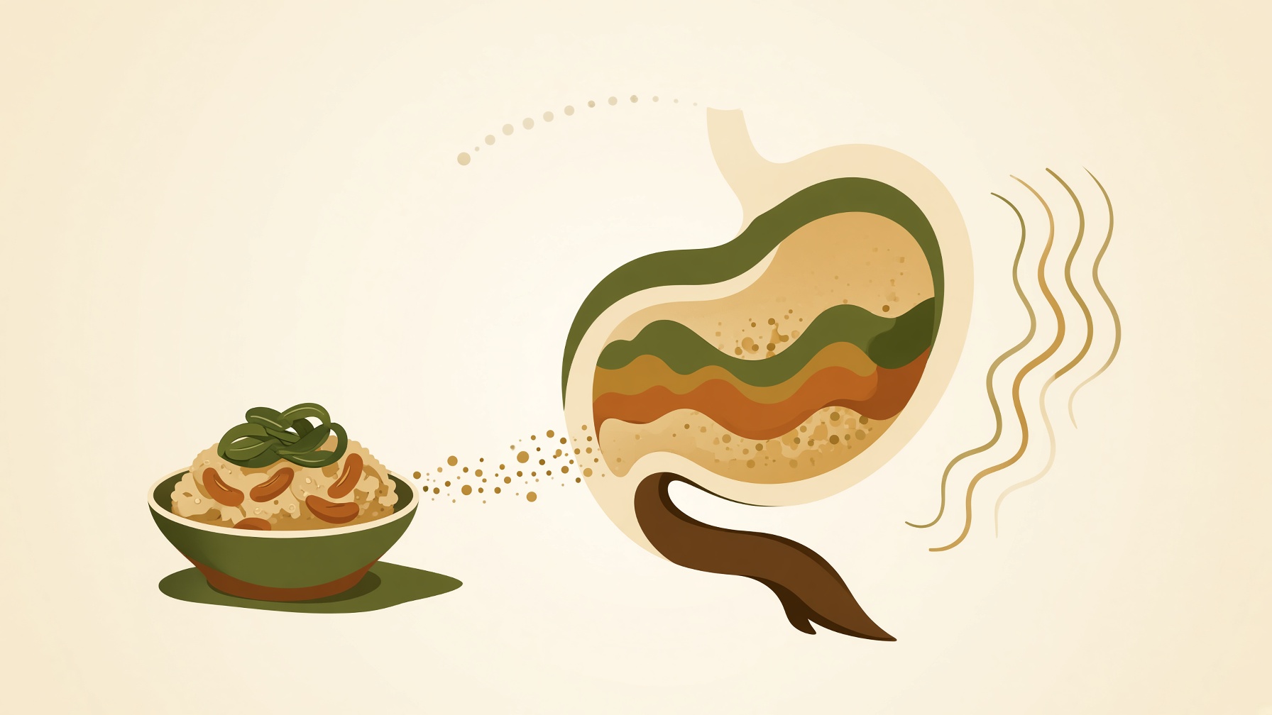 Illustration of a bowl of food beside a stomach with layered contents and flowing signals.