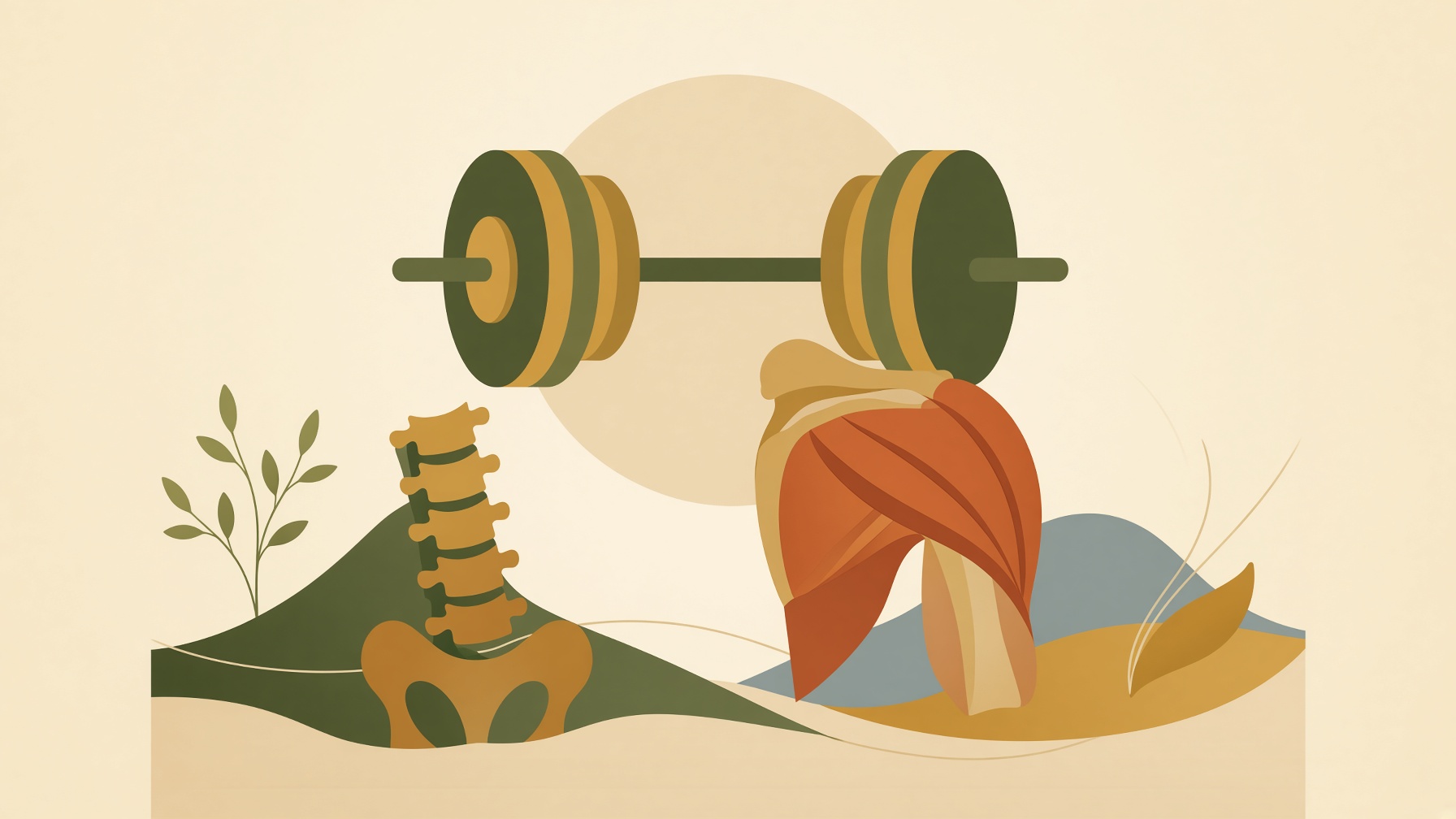Barbell above illustrations of the spine, shoulder, and muscles.