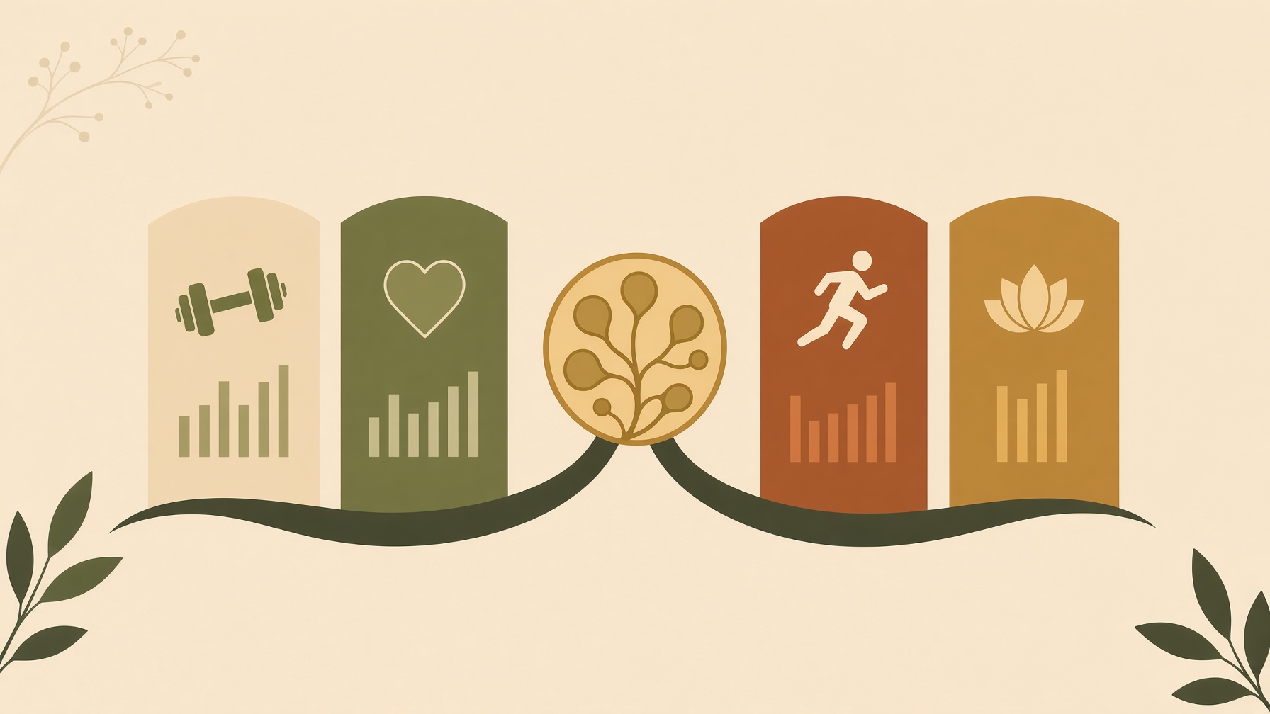 Five training panels with weight, heart, plant, running, and flexibility symbols.