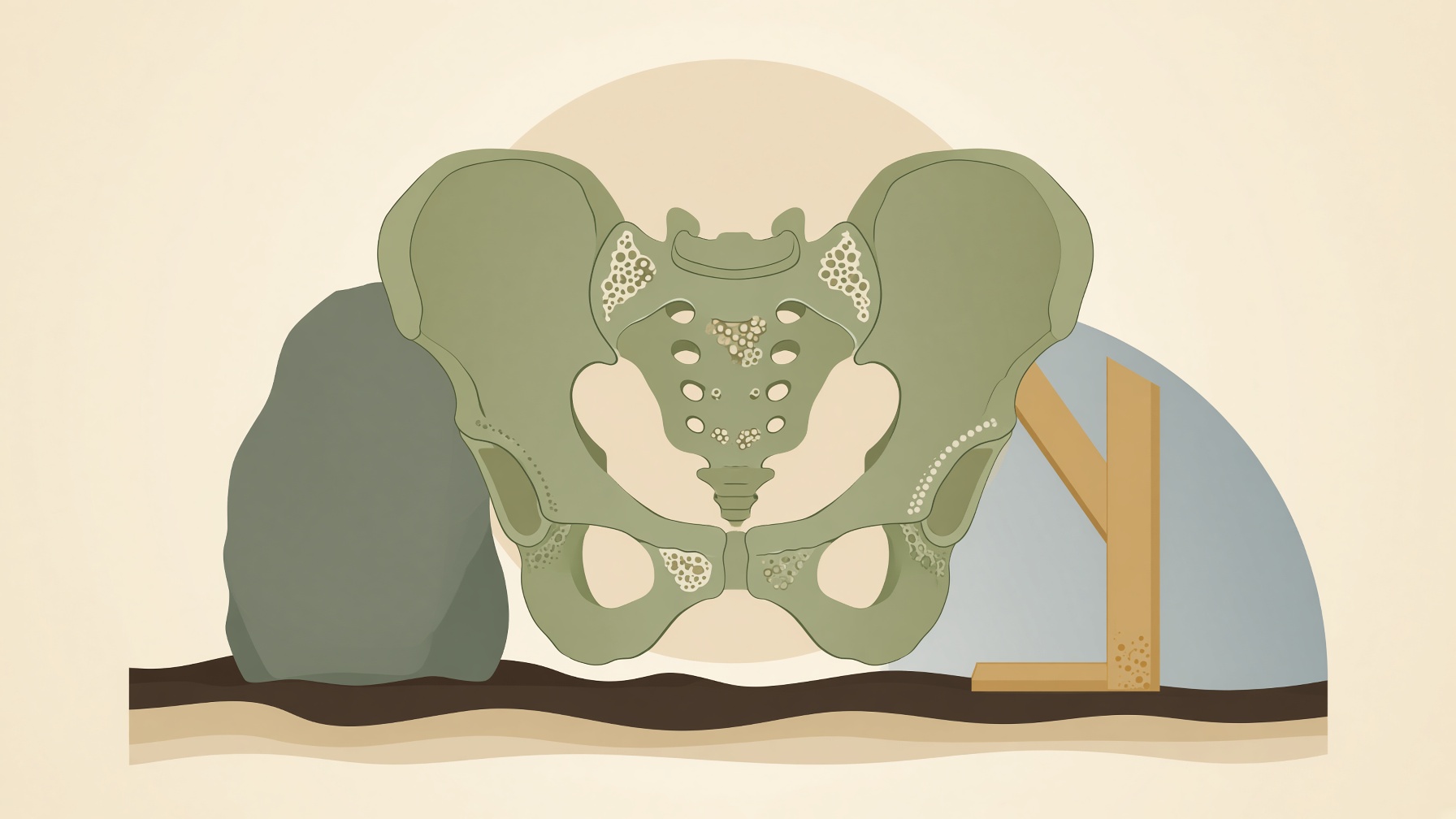 Pelvis illustrated beside a rock and an angular support shape.