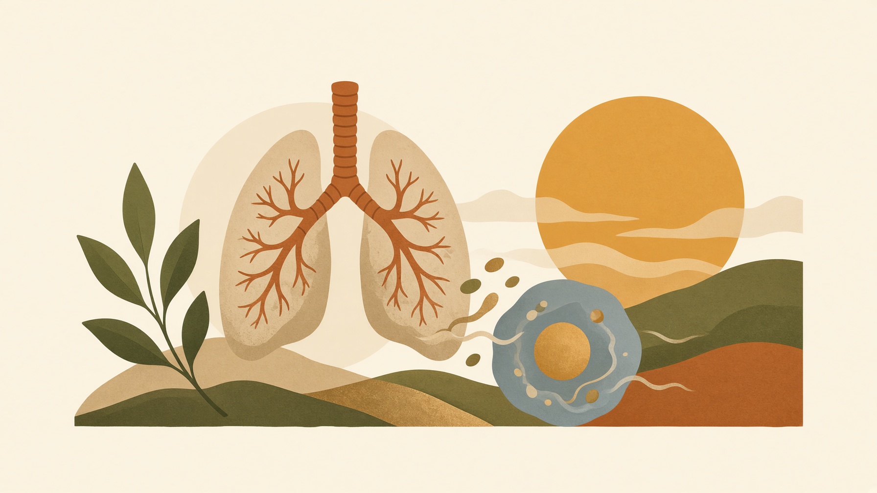 Lungs beside a circular sunset and a stylized cell.