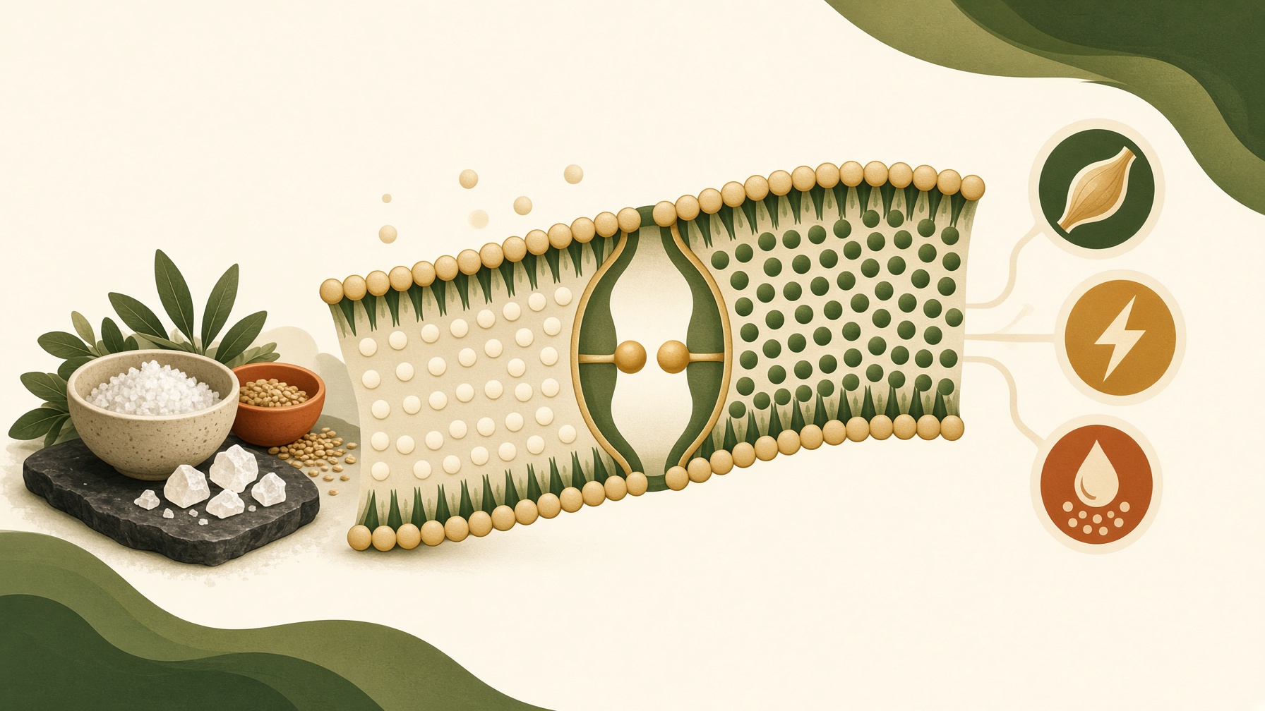 Salt beside an illustrated cell membrane with particles passing through a channel.