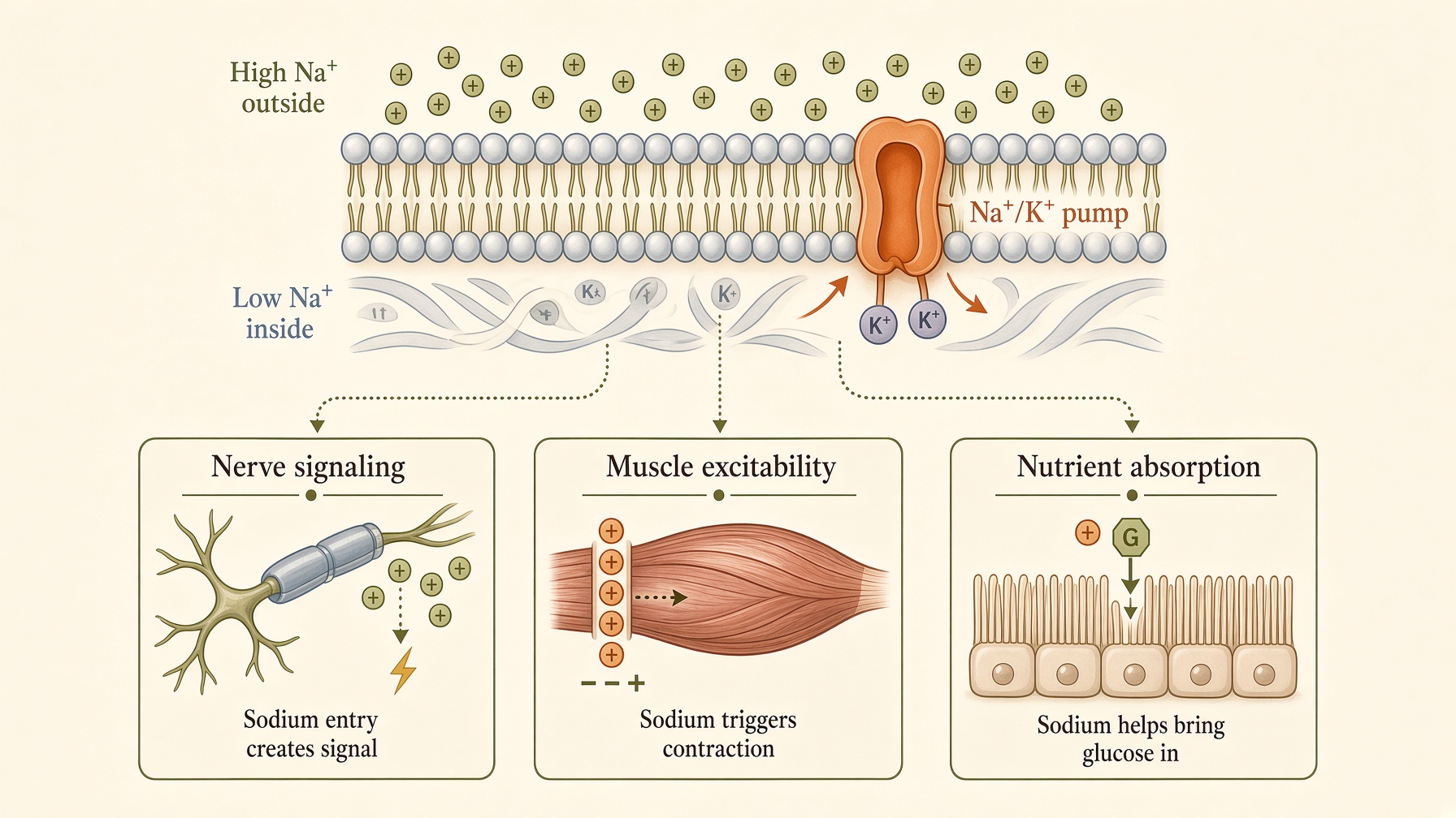 Diagram of a sodium gradient across a cell membrane and its roles in nerve signals, muscle activity, and nutrient absorption.